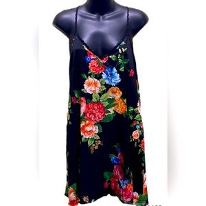 ETIQUETTE FLORAL BLACK/RED/ORANGE/BLUE SLIP DRESS V-NECK SZ S